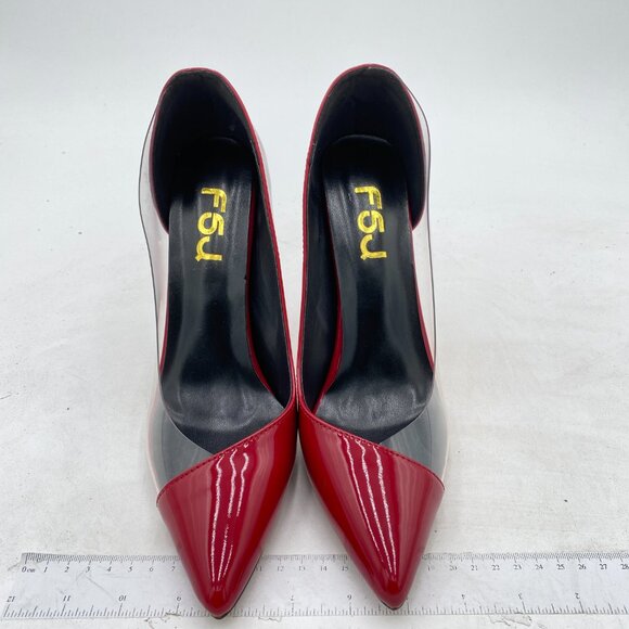 FSJ Red Clear Pointed Toe Shiny High Cone Heel Pumps Classic Party Dress Shoes - Picture 3 of 8